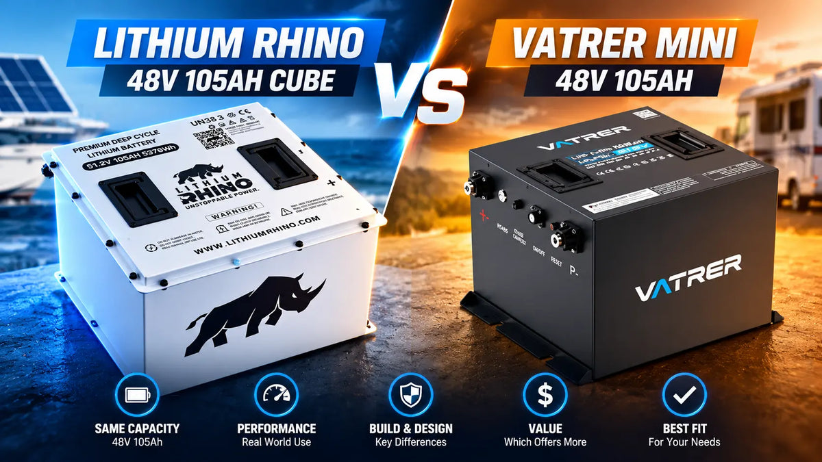 Lithium Rhino 48V 105Ah CUBE vs Vatrer Mini 48V 105Ah lithium batteries side-by-side comparison of performance, design, capacity, and value.