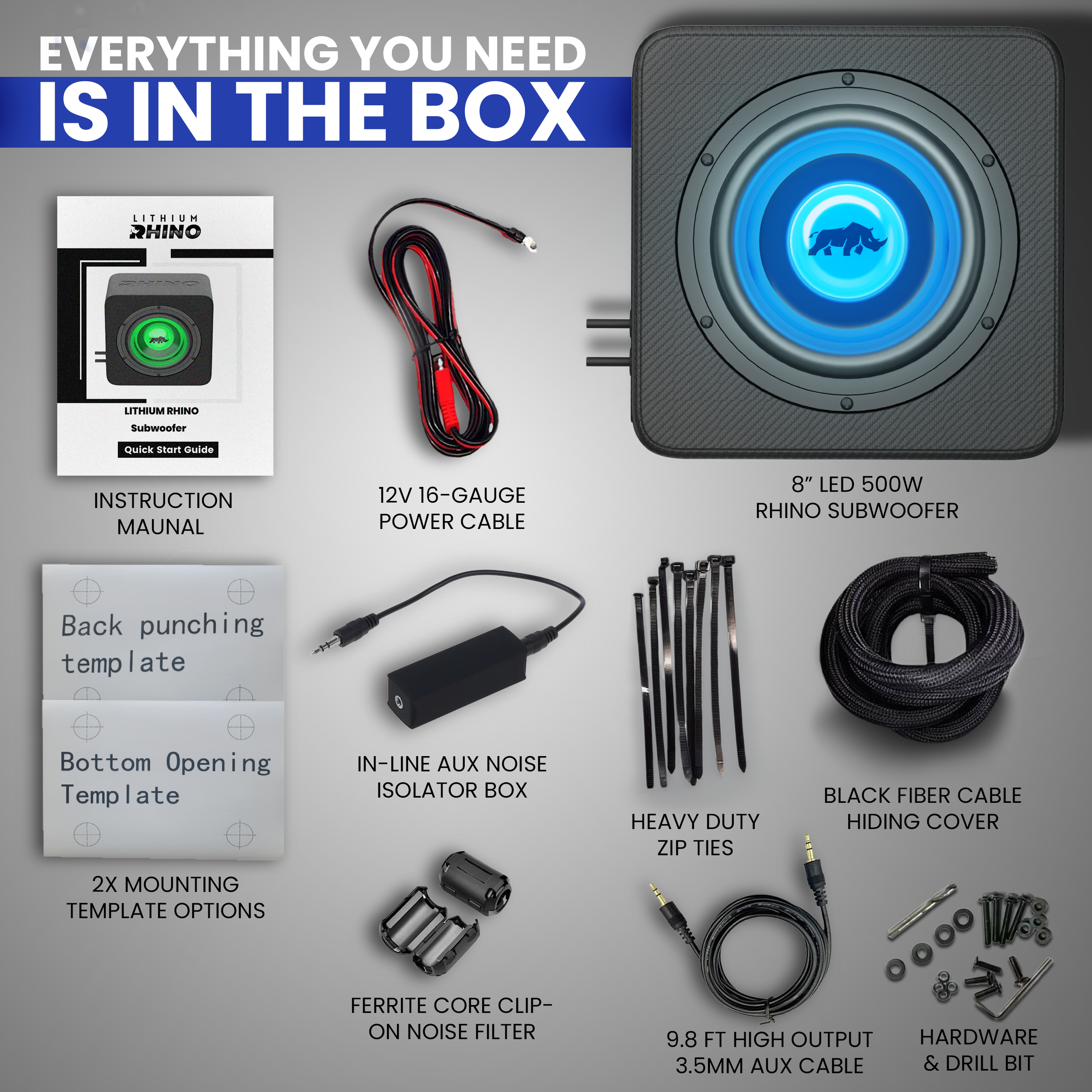 Lithium Rhino LED 8" Subwoofer w/ Aux Cable